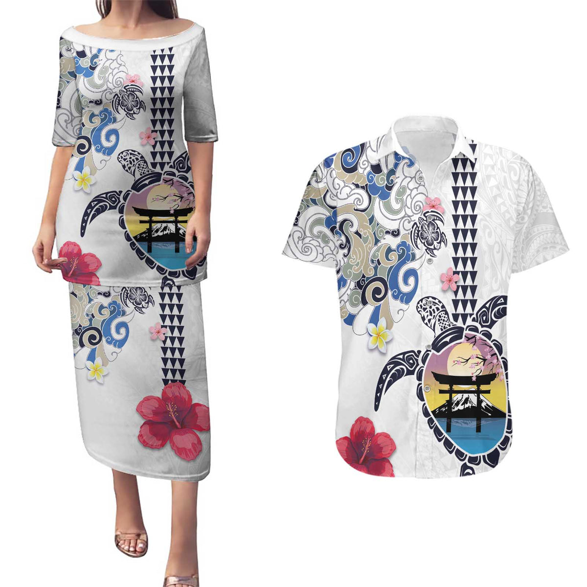 Hawaiian and Japanese Together Couples Matching Puletasi and Hawaiian Shirt Japanese Culture and Turtle Kakau Tattoo White Color