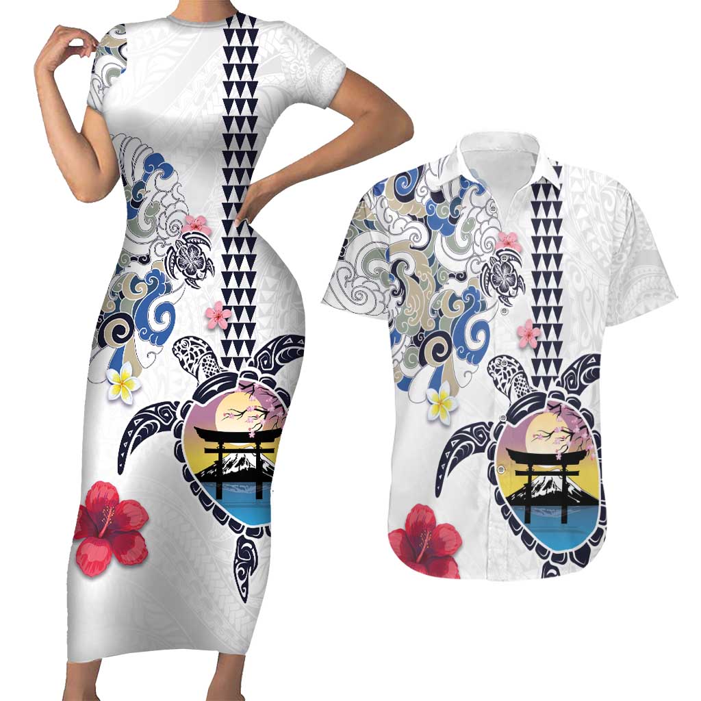 Hawaiian and Japanese Together Couples Matching Short Sleeve Bodycon Dress and Hawaiian Shirt Japanese Culture and Turtle Kakau Tattoo White Color LT03 White - Polynesian Pride