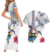 Hawaiian and Japanese Together Couples Matching Short Sleeve Bodycon Dress and Hawaiian Shirt Japanese Culture and Turtle Kakau Tattoo White Color LT03 - Polynesian Pride