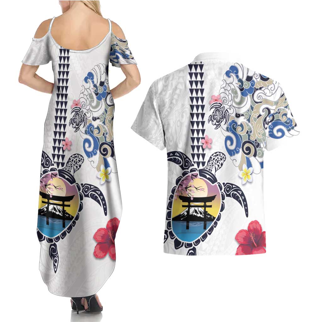 Hawaiian and Japanese Together Couples Matching Summer Maxi Dress and Hawaiian Shirt Japanese Culture and Turtle Kakau Tattoo White Color