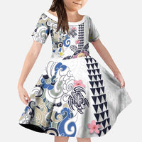 Hawaiian and Japanese Together Family Matching Long Sleeve Bodycon Dress and Hawaiian Shirt Japanese Culture and Turtle Kakau Tattoo White Color LT03 Daughter's Dress White - Polynesian Pride