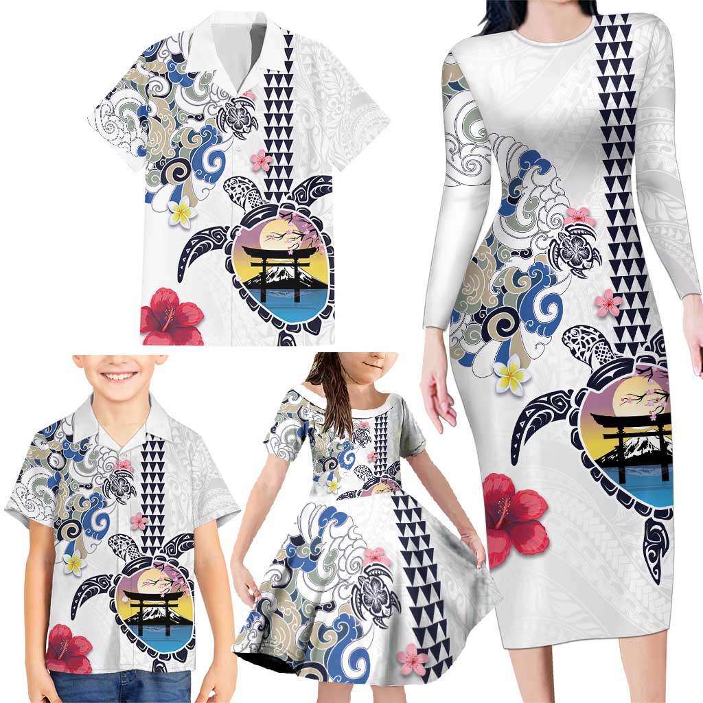 Hawaiian and Japanese Together Family Matching Long Sleeve Bodycon Dress and Hawaiian Shirt Japanese Culture and Turtle Kakau Tattoo White Color LT03 - Polynesian Pride