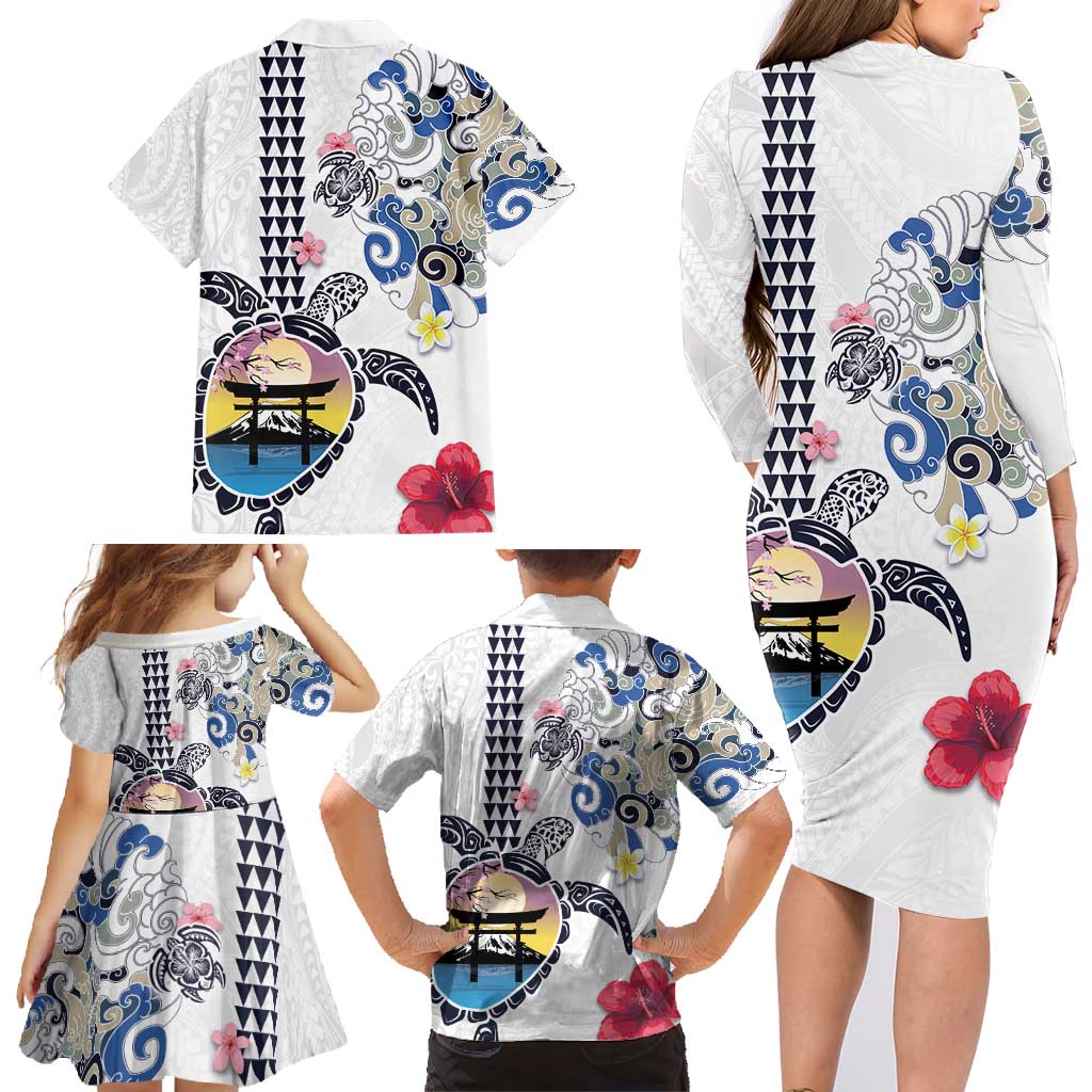 Hawaiian and Japanese Together Family Matching Long Sleeve Bodycon Dress and Hawaiian Shirt Japanese Culture and Turtle Kakau Tattoo White Color LT03 - Polynesian Pride
