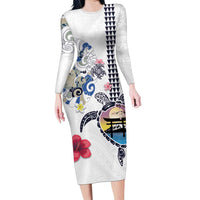Hawaiian and Japanese Together Family Matching Long Sleeve Bodycon Dress and Hawaiian Shirt Japanese Culture and Turtle Kakau Tattoo White Color LT03 Mom's Dress White - Polynesian Pride