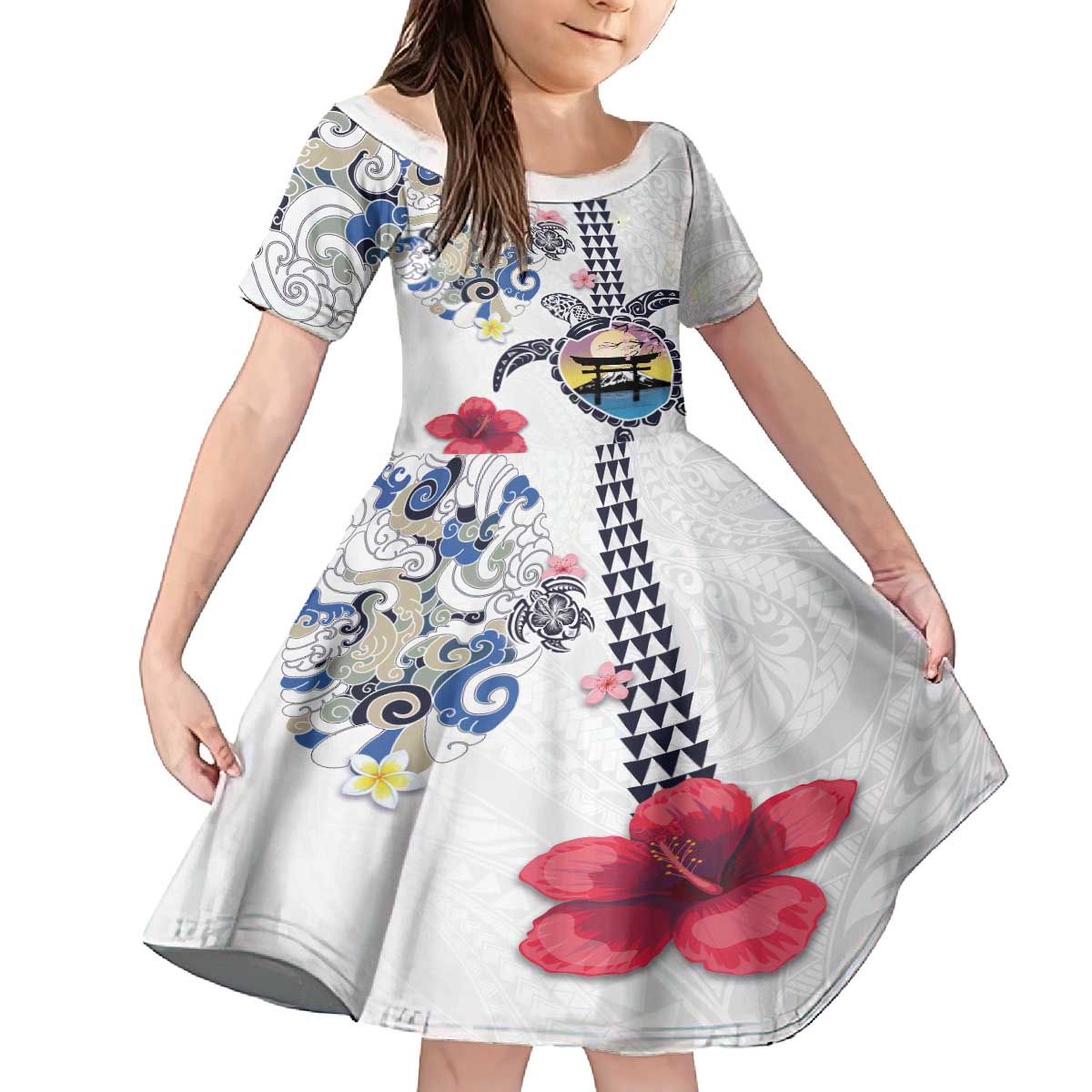 Hawaiian and Japanese Together Family Matching Off The Shoulder Long Sleeve Dress and Hawaiian Shirt Japanese Culture and Turtle Kakau Tattoo White Color LT03 Daughter's Dress White - Polynesian Pride