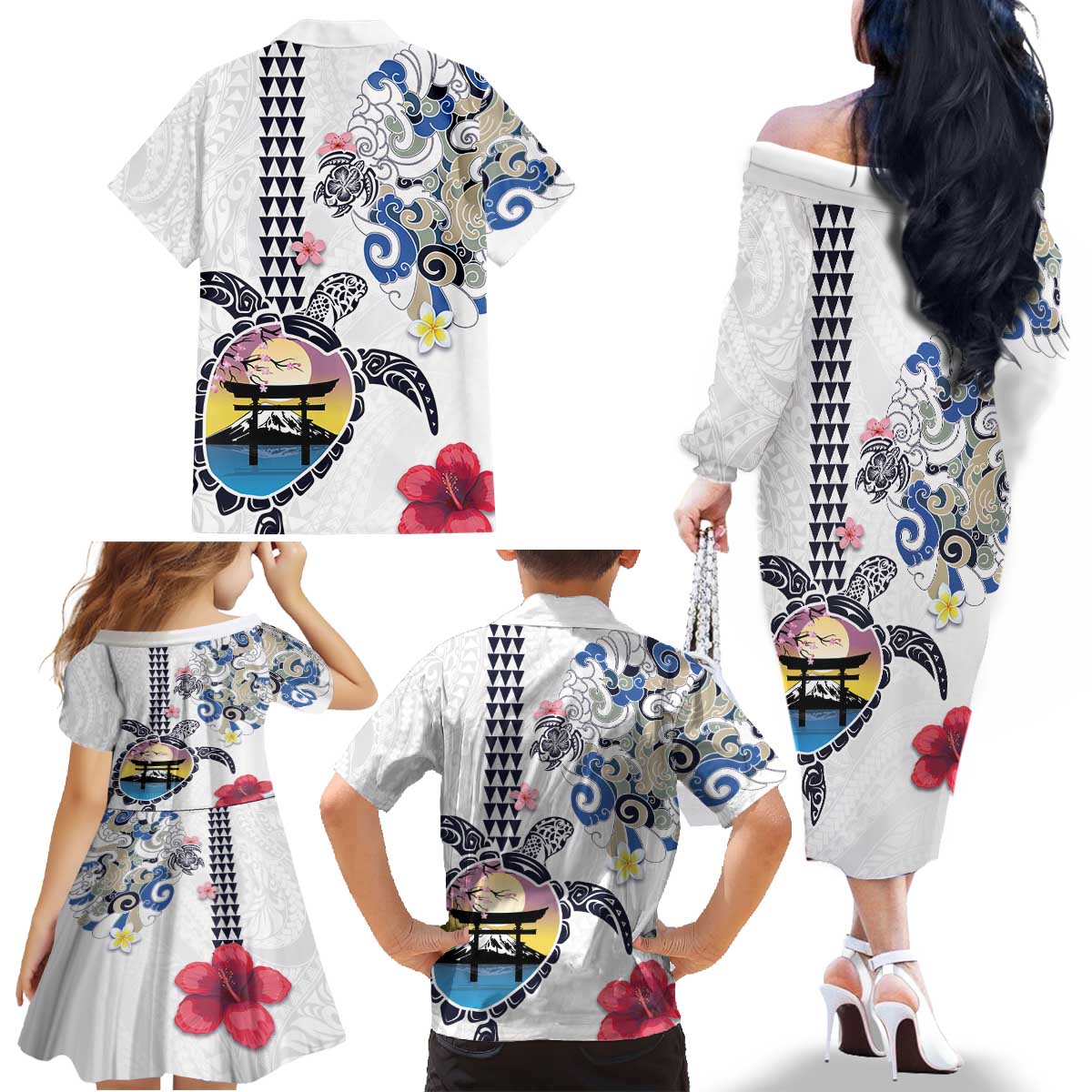 Hawaiian and Japanese Together Family Matching Off The Shoulder Long Sleeve Dress and Hawaiian Shirt Japanese Culture and Turtle Kakau Tattoo White Color LT03 - Polynesian Pride