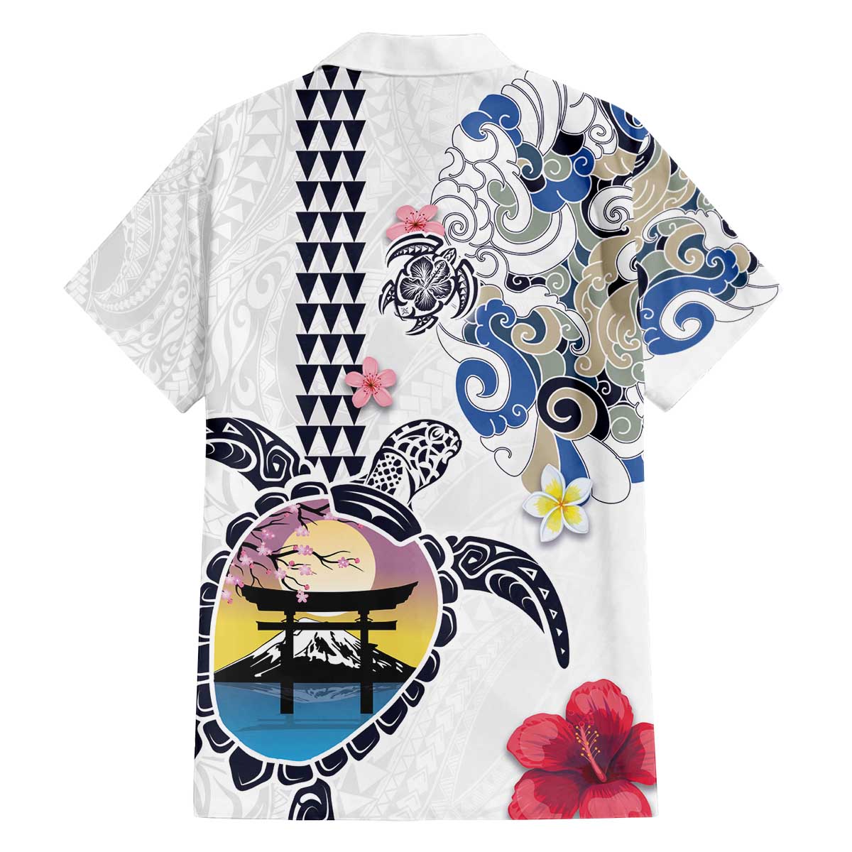 Hawaiian and Japanese Together Family Matching Off The Shoulder Long Sleeve Dress and Hawaiian Shirt Japanese Culture and Turtle Kakau Tattoo White Color LT03 - Polynesian Pride