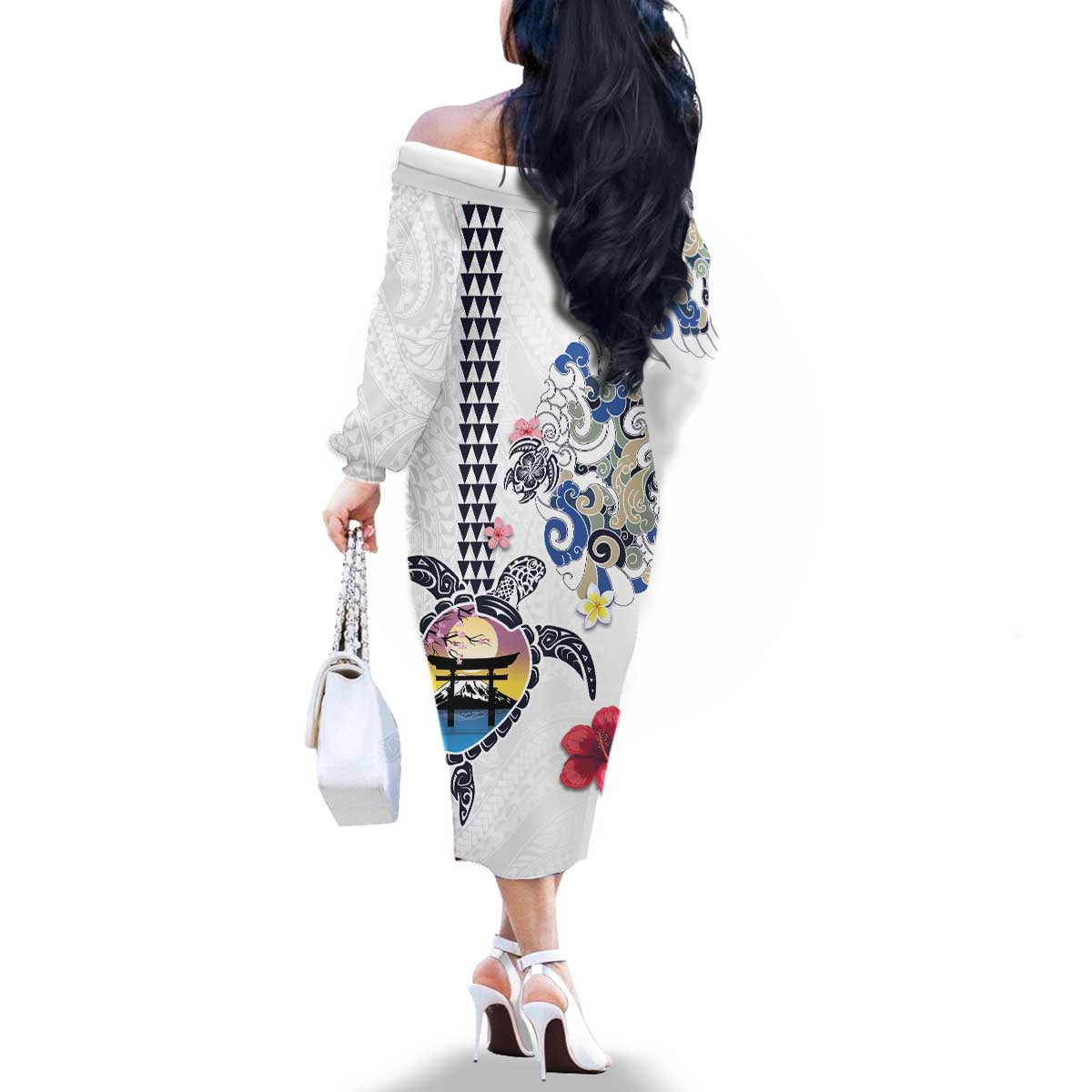 Hawaiian and Japanese Together Family Matching Off The Shoulder Long Sleeve Dress and Hawaiian Shirt Japanese Culture and Turtle Kakau Tattoo White Color LT03 - Polynesian Pride