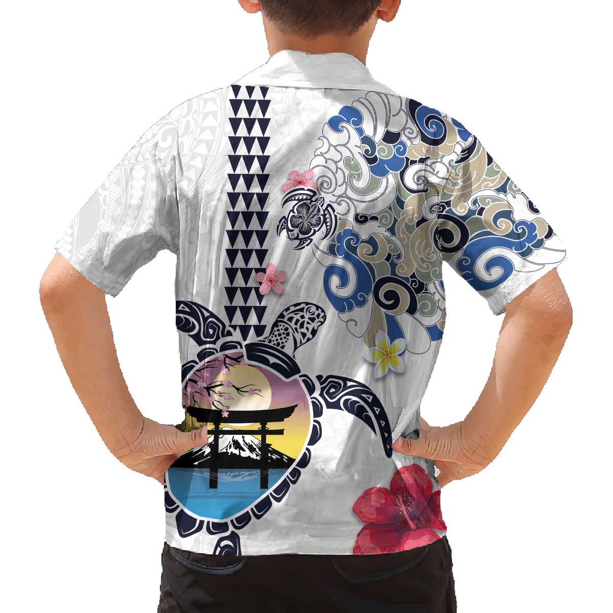 Hawaiian and Japanese Together Family Matching Off Shoulder Short Dress and Hawaiian Shirt Japanese Culture and Turtle Kakau Tattoo White Color LT03 - Polynesian Pride