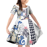 Hawaiian and Japanese Together Family Matching Off Shoulder Short Dress and Hawaiian Shirt Japanese Culture and Turtle Kakau Tattoo White Color LT03 Daughter's Dress White - Polynesian Pride