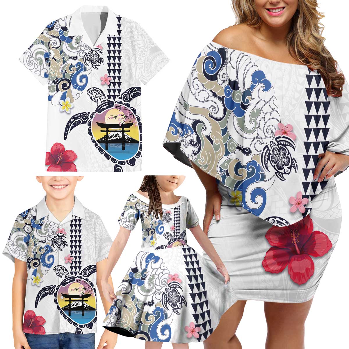 Hawaiian and Japanese Together Family Matching Off Shoulder Short Dress and Hawaiian Shirt Japanese Culture and Turtle Kakau Tattoo White Color LT03 - Polynesian Pride