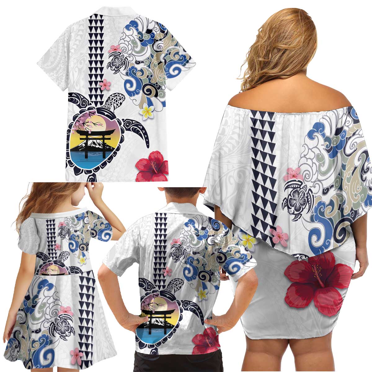 Hawaiian and Japanese Together Family Matching Off Shoulder Short Dress and Hawaiian Shirt Japanese Culture and Turtle Kakau Tattoo White Color LT03 - Polynesian Pride