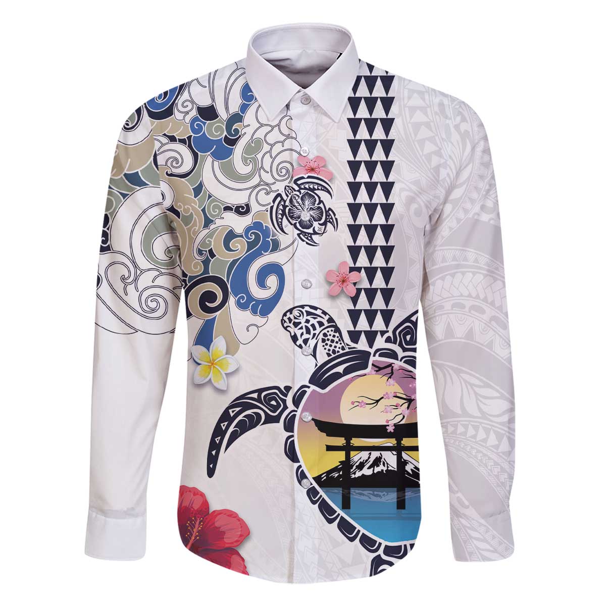 Hawaiian and Japanese Together Family Matching Off Shoulder Short Dress and Hawaiian Shirt Japanese Culture and Turtle Kakau Tattoo White Color LT03 Dad's Shirt - Long Sleeve White - Polynesian Pride
