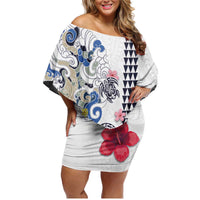 Hawaiian and Japanese Together Family Matching Off Shoulder Short Dress and Hawaiian Shirt Japanese Culture and Turtle Kakau Tattoo White Color LT03 Mom's Dress White - Polynesian Pride