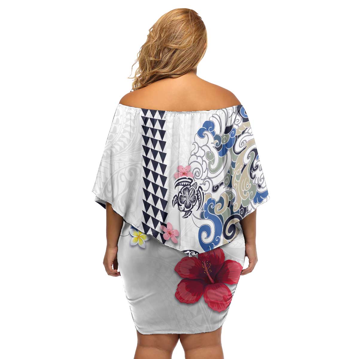 Hawaiian and Japanese Together Family Matching Off Shoulder Short Dress and Hawaiian Shirt Japanese Culture and Turtle Kakau Tattoo White Color LT03 - Polynesian Pride