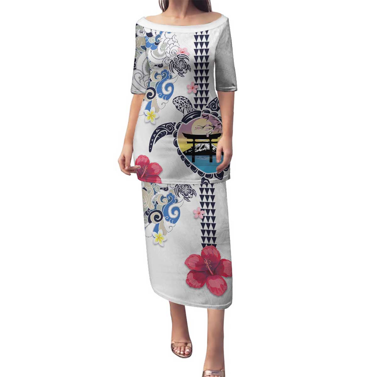 Hawaiian and Japanese Together Family Matching Puletasi and Hawaiian Shirt Japanese Culture and Turtle Kakau Tattoo White Color LT03 Mom's Dress White - Polynesian Pride