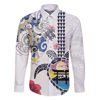 Hawaiian and Japanese Together Family Matching Short Sleeve Bodycon Dress and Hawaiian Shirt Japanese Culture and Turtle Kakau Tattoo White Color LT03 Dad's Shirt - Long Sleeve White - Polynesian Pride