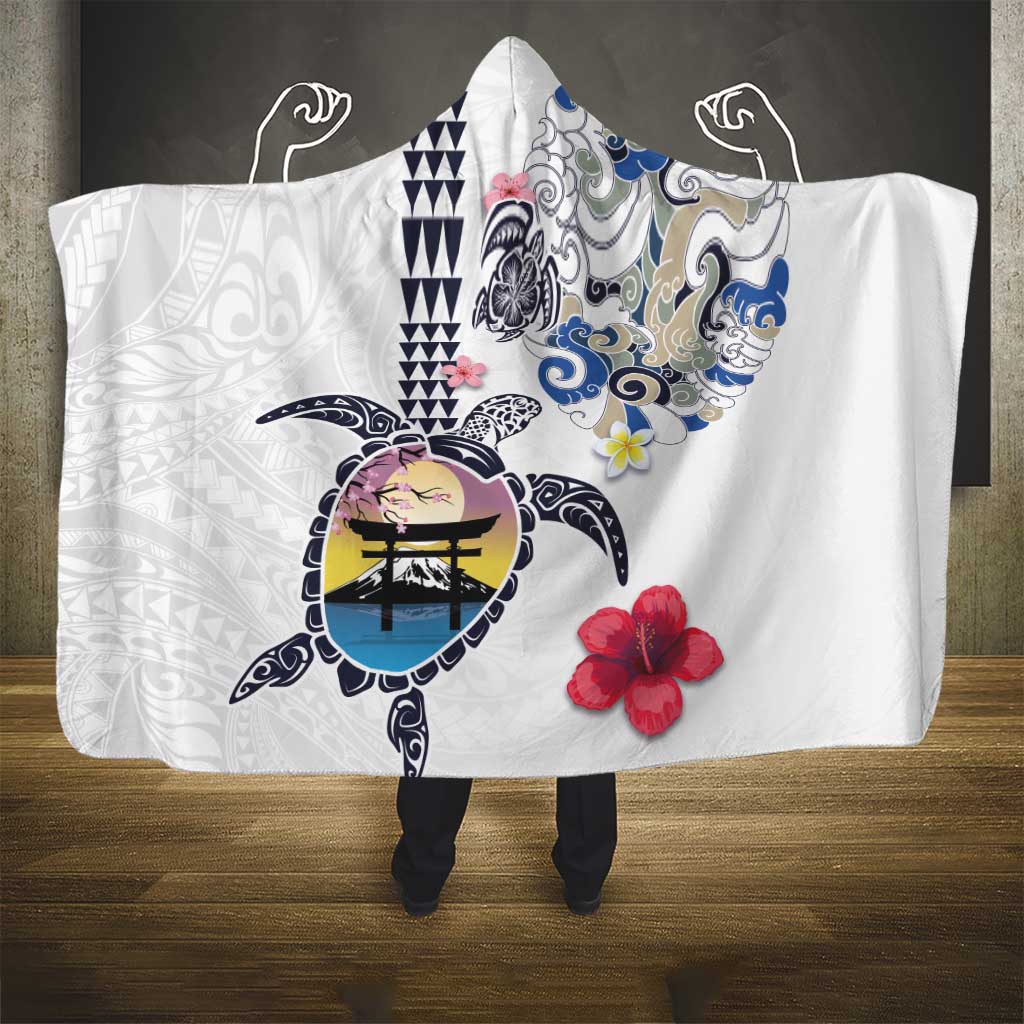 Hawaiian and Japanese Together Hooded Blanket Japanese Culture and Turtle Kakau Tattoo White Color LT03 - Polynesian Pride