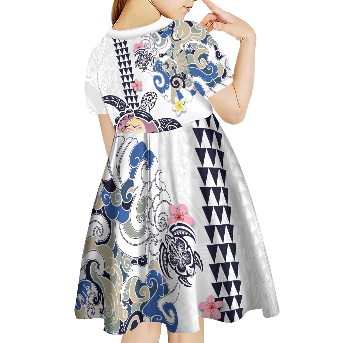 Hawaiian and Japanese Together Kid Short Sleeve Dress Japanese Culture and Turtle Kakau Tattoo White Color LT03 - Polynesian Pride