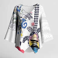 Hawaiian and Japanese Together Kimono Sleeve Blouse Japanese Culture and Turtle Kakau Tattoo White Color LT03 Female White - Polynesian Pride