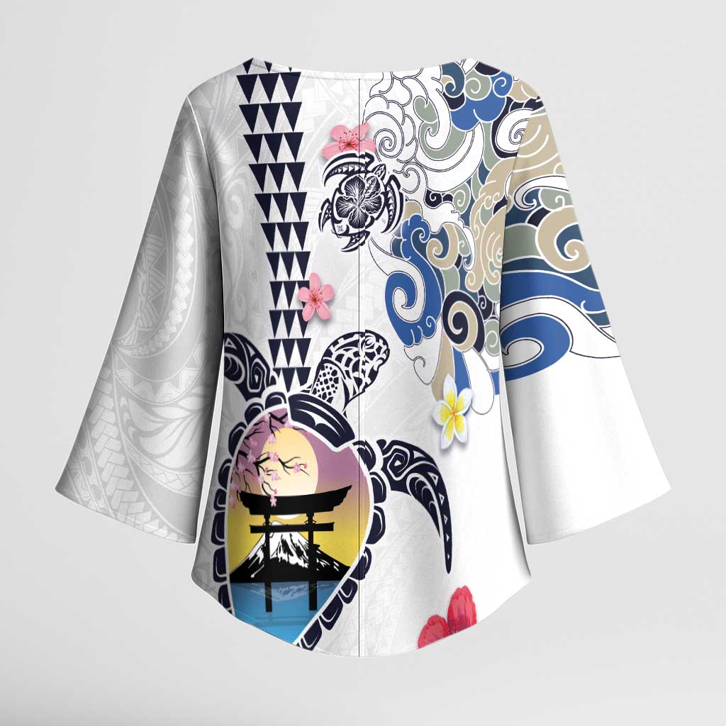 Hawaiian and Japanese Together Kimono Sleeve Blouse Japanese Culture and Turtle Kakau Tattoo White Color LT03 - Polynesian Pride
