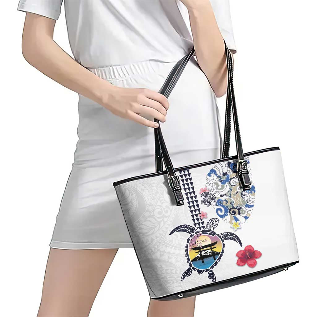 Hawaiian and Japanese Together Leather Tote Bag Japanese Culture and Turtle Kakau Tattoo White Color LT03 - Polynesian Pride