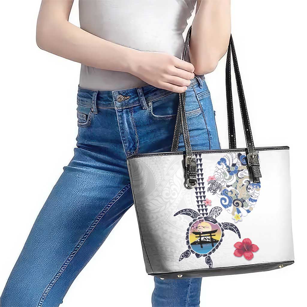 Hawaiian and Japanese Together Leather Tote Bag Japanese Culture and Turtle Kakau Tattoo White Color LT03 - Polynesian Pride