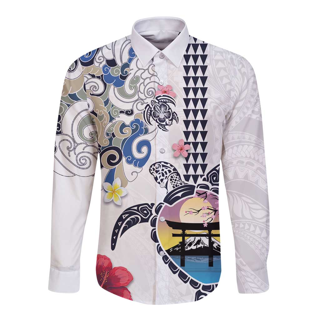 Hawaiian and Japanese Together Long Sleeve Button Shirt Japanese Culture and Turtle Kakau Tattoo White Color LT03 Unisex White - Polynesian Pride