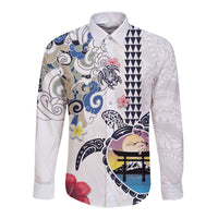 Hawaiian and Japanese Together Long Sleeve Button Shirt Japanese Culture and Turtle Kakau Tattoo White Color LT03 Unisex White - Polynesian Pride