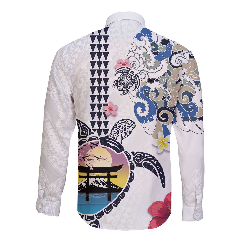 Hawaiian and Japanese Together Long Sleeve Button Shirt Japanese Culture and Turtle Kakau Tattoo White Color LT03 - Polynesian Pride