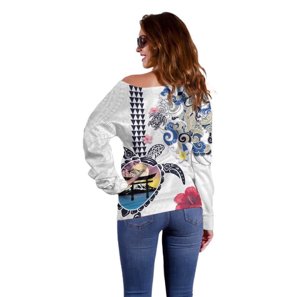 Hawaiian and Japanese Together Off Shoulder Sweater Japanese Culture and Turtle Kakau Tattoo White Color LT03 - Polynesian Pride