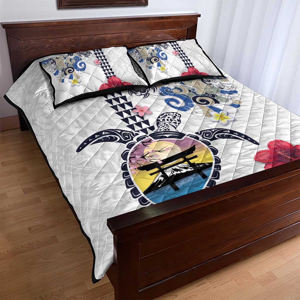 Hawaiian and Japanese Together Quilt Bed Set Japanese Culture and Turtle Kakau Tattoo White Color LT03 - Polynesian Pride