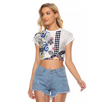 Hawaiian and Japanese Together Raglan Cropped T Shirt Japanese Culture and Turtle Kakau Tattoo White Color