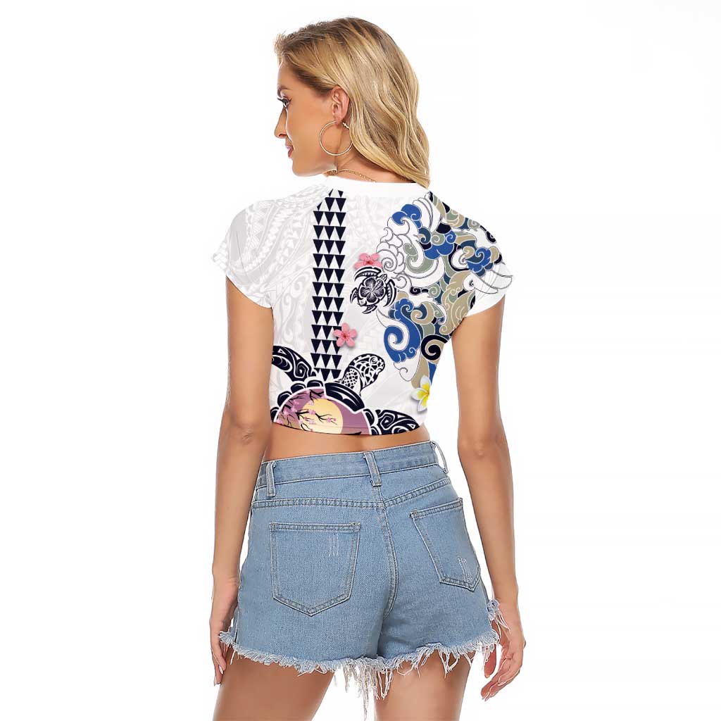 Hawaiian and Japanese Together Raglan Cropped T Shirt Japanese Culture and Turtle Kakau Tattoo White Color