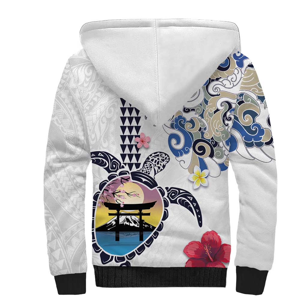Hawaiian and Japanese Together Sherpa Hoodie Japanese Culture and Turtle Kakau Tattoo White Color LT03 - Polynesian Pride
