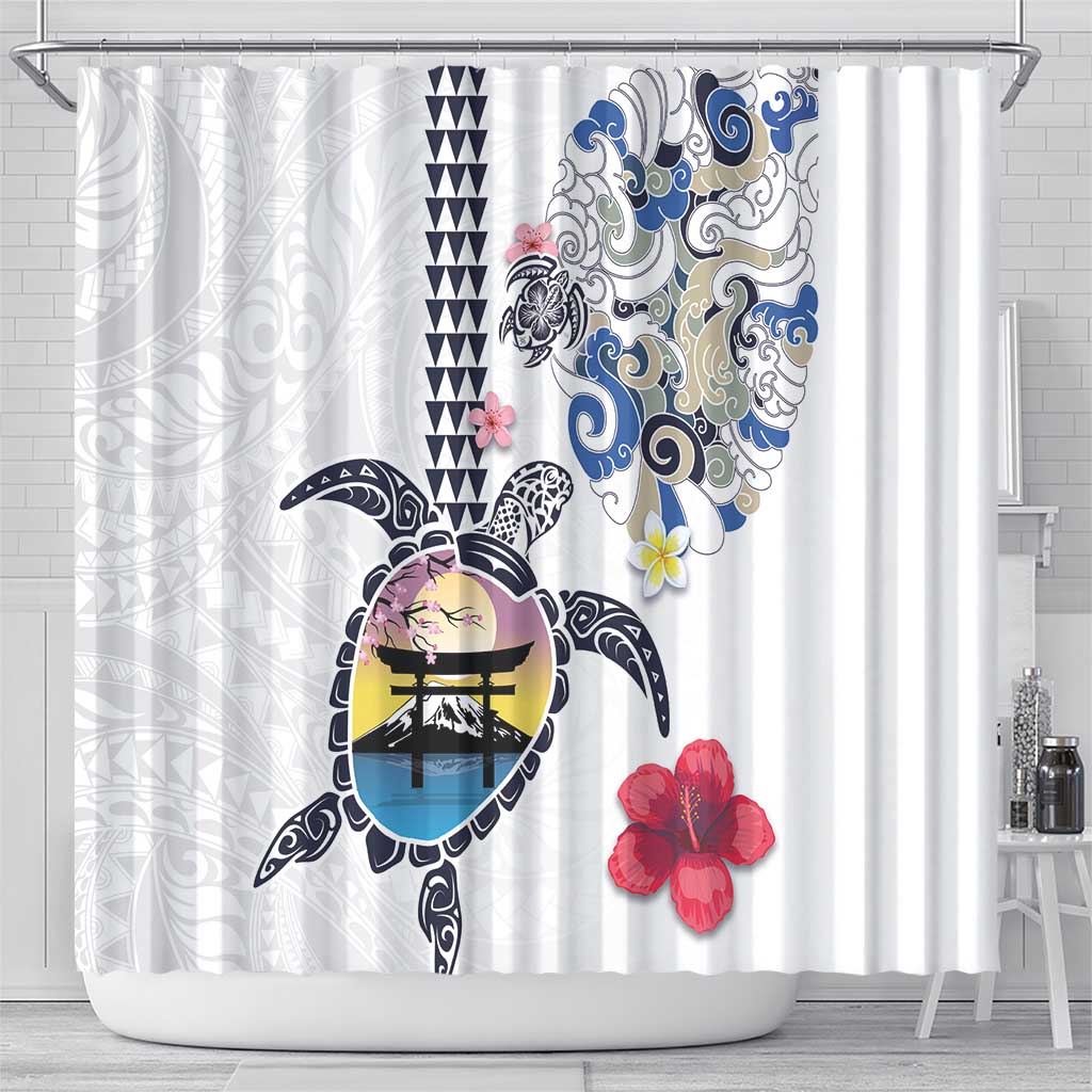 Hawaiian and Japanese Together Shower Curtain Japanese Culture and Turtle Kakau Tattoo White Color LT03 - Polynesian Pride