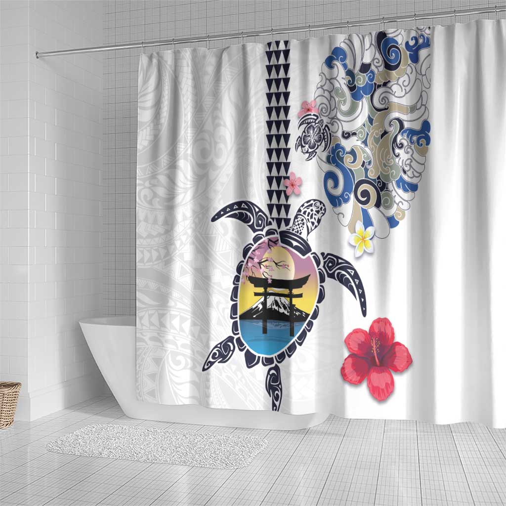 Hawaiian and Japanese Together Shower Curtain Japanese Culture and Turtle Kakau Tattoo White Color LT03 - Polynesian Pride