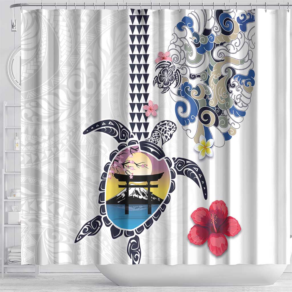 Hawaiian and Japanese Together Shower Curtain Japanese Culture and Turtle Kakau Tattoo White Color LT03 - Polynesian Pride