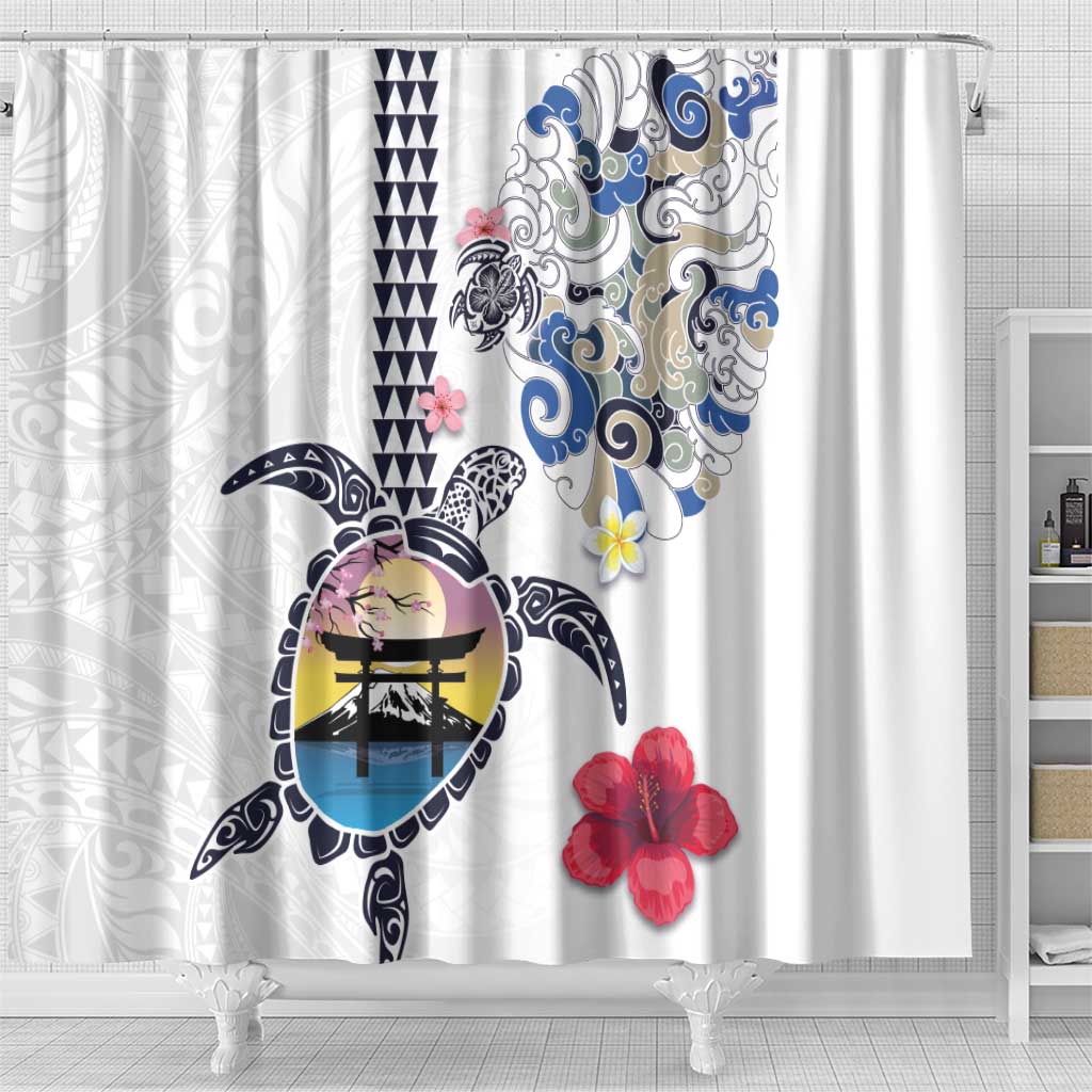 Hawaiian and Japanese Together Shower Curtain Japanese Culture and Turtle Kakau Tattoo White Color LT03 - Polynesian Pride
