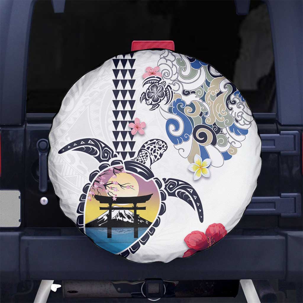Hawaiian and Japanese Together Spare Tire Cover Japanese Culture and Turtle Kakau Tattoo White Color LT03 - Polynesian Pride