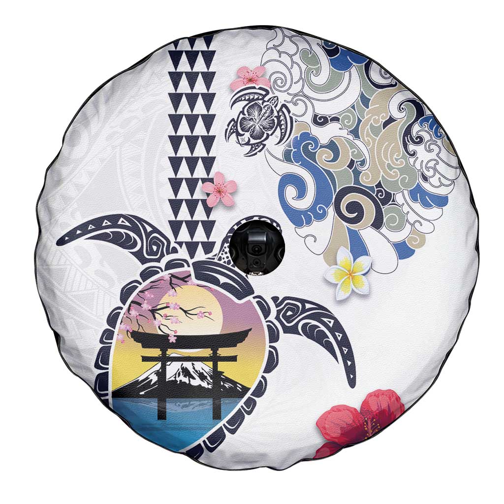 Hawaiian and Japanese Together Spare Tire Cover Japanese Culture and Turtle Kakau Tattoo White Color LT03 - Polynesian Pride