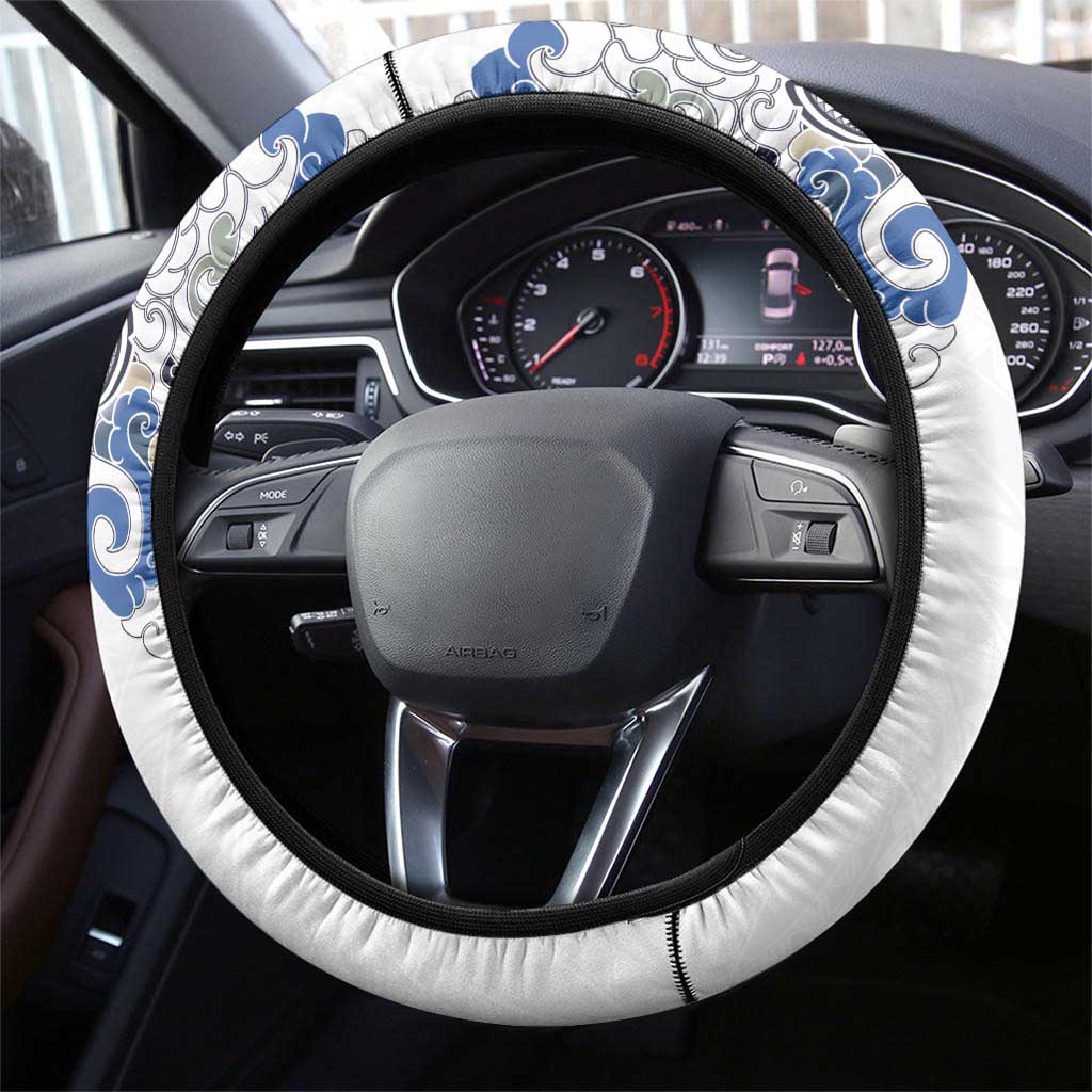 Hawaiian and Japanese Together Steering Wheel Cover Japanese Culture and Turtle Kakau Tattoo White Color LT03 - Polynesian Pride