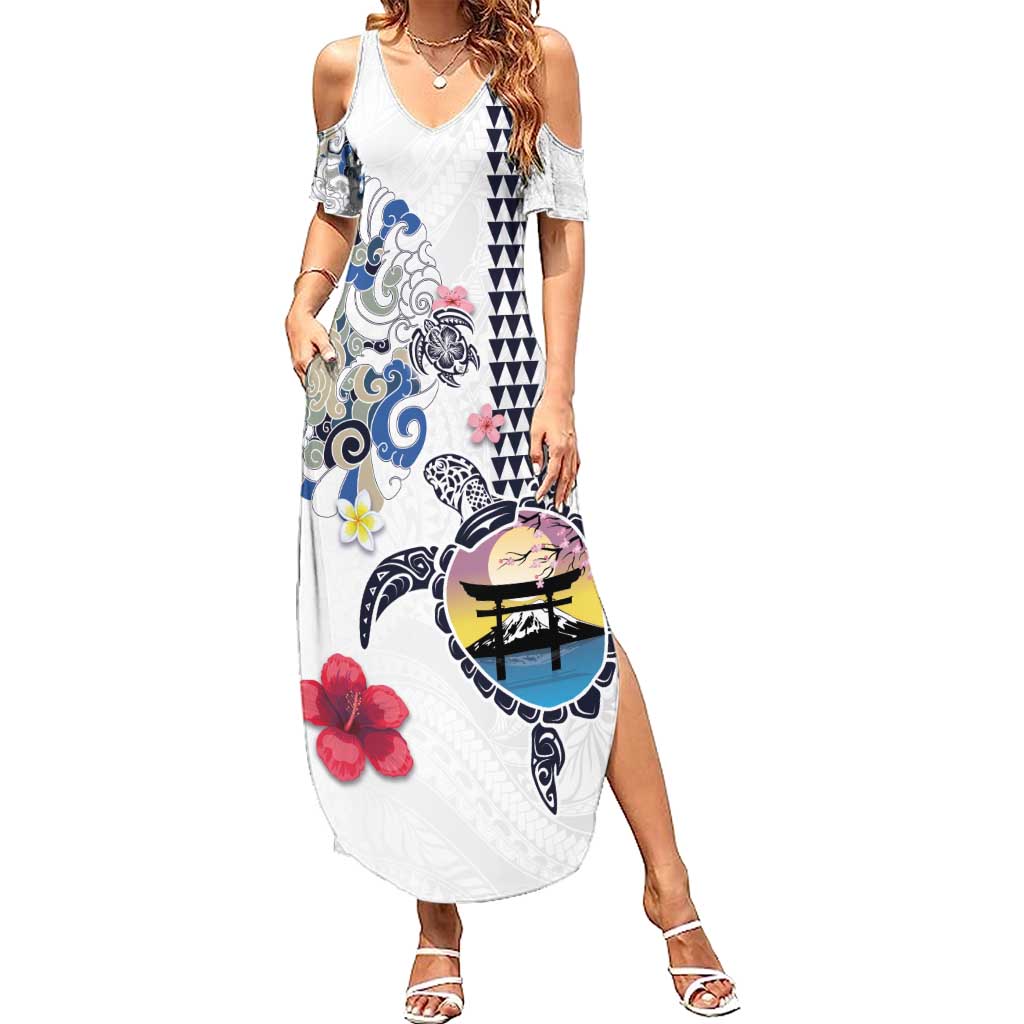 Hawaiian and Japanese Together Summer Maxi Dress Japanese Culture and Turtle Kakau Tattoo White Color LT03 Women White - Polynesian Pride