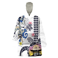 Hawaiian and Japanese Together Wearable Blanket Hoodie Japanese Culture and Turtle Kakau Tattoo White Color LT03 One Size White - Polynesian Pride