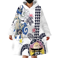 Hawaiian and Japanese Together Wearable Blanket Hoodie Japanese Culture and Turtle Kakau Tattoo White Color LT03 - Polynesian Pride
