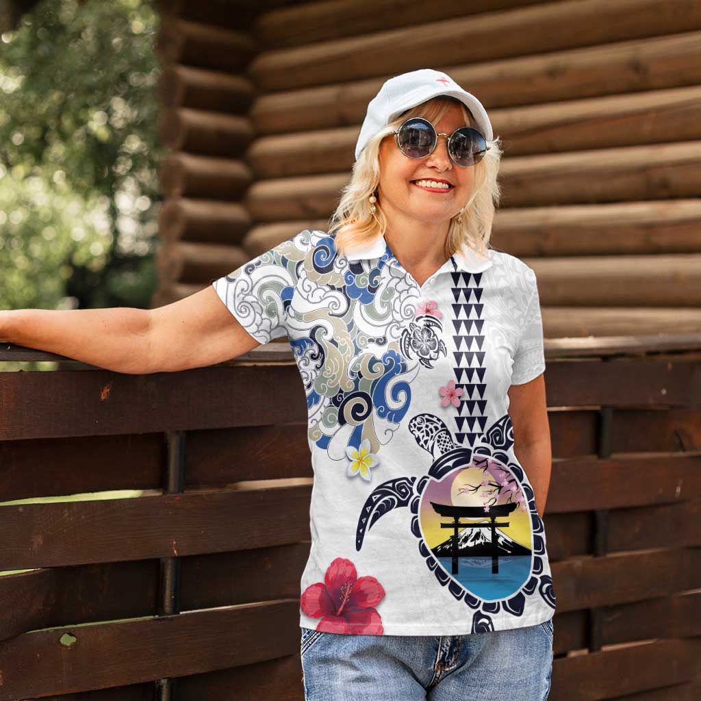 Hawaiian and Japanese Together Women Polo Shirt Japanese Culture and Turtle Kakau Tattoo White Color LT03 - Polynesian Pride