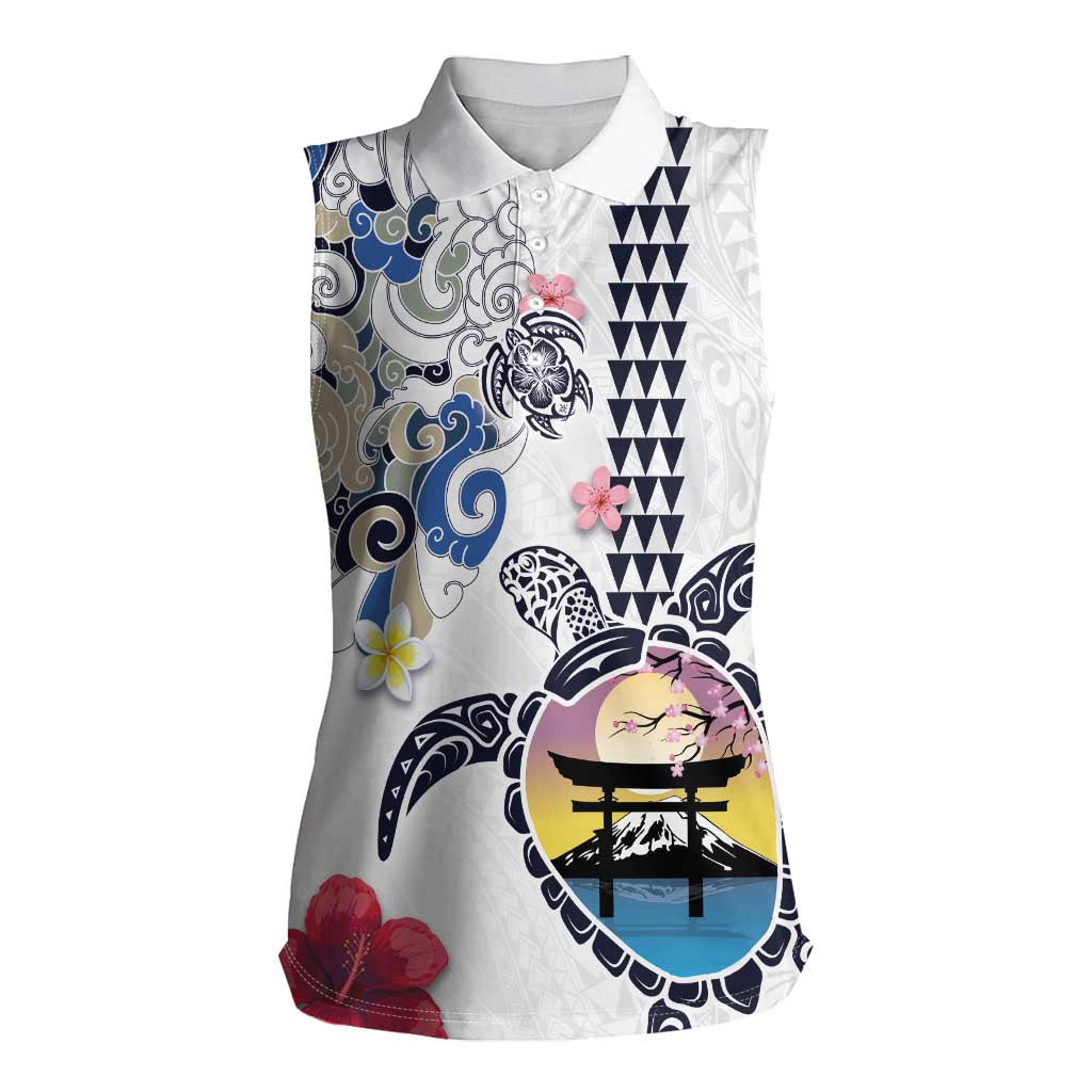 Hawaiian and Japanese Together Women Sleeveless Polo Shirt Japanese Culture and Turtle Kakau Tattoo White Color LT03 Female White - Polynesian Pride