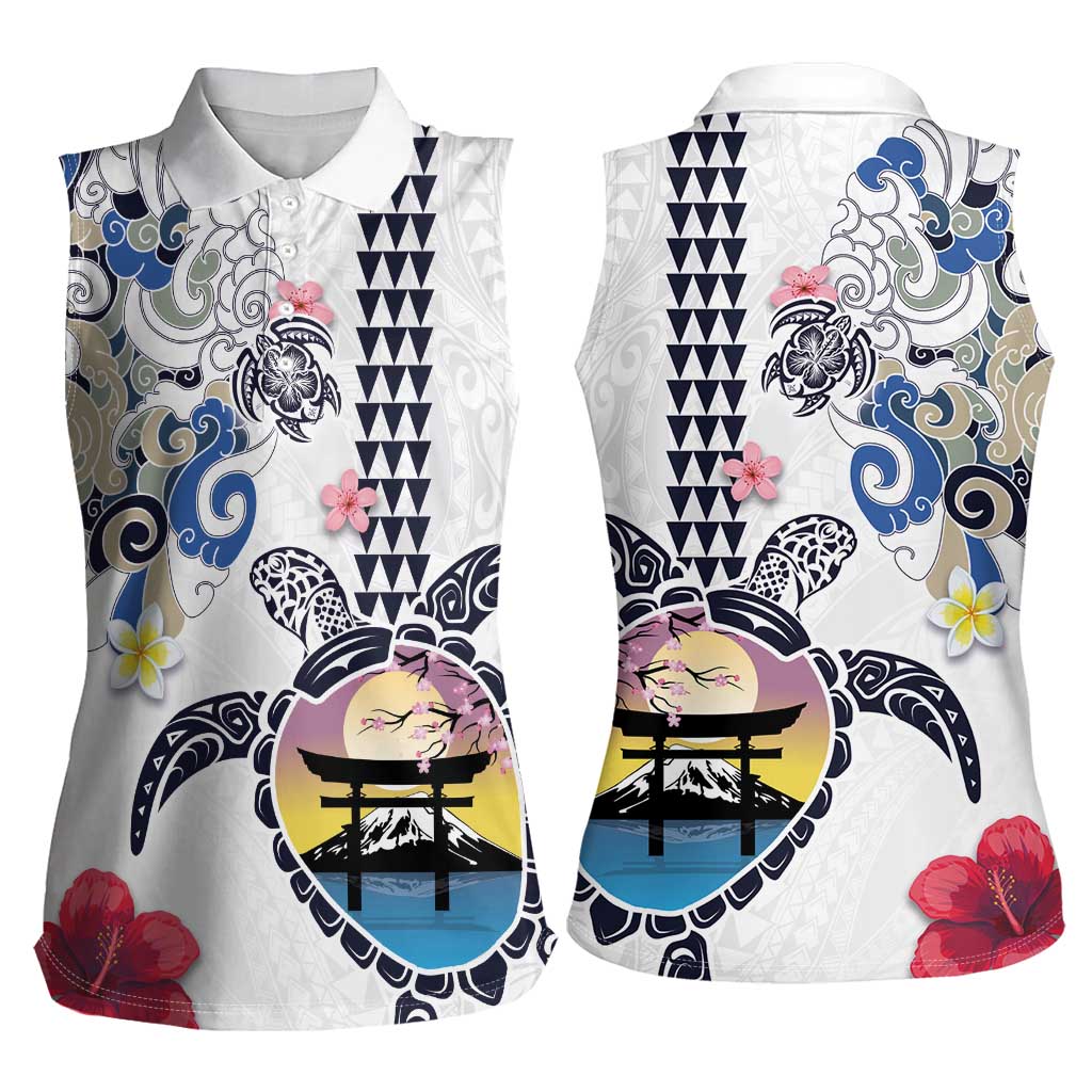 Hawaiian and Japanese Together Women Sleeveless Polo Shirt Japanese Culture and Turtle Kakau Tattoo White Color LT03 - Polynesian Pride