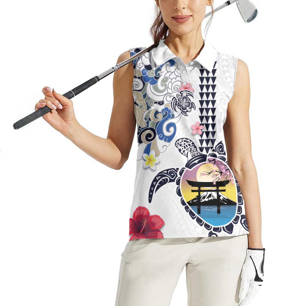 Hawaiian and Japanese Together Women Sleeveless Polo Shirt Japanese Culture and Turtle Kakau Tattoo White Color LT03 - Polynesian Pride