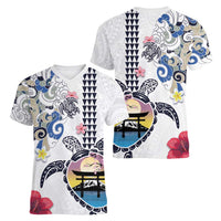 Hawaiian and Japanese Together Women V-Neck T-Shirt Japanese Culture and Turtle Kakau Tattoo White Color